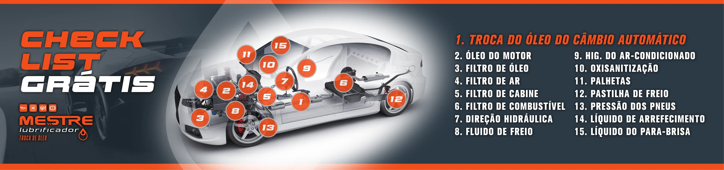 Check list grátis de 15 itens: troca do óleo do câmbio automático, óleo do motor, filtros, freios, arrefecimento, ar-condicionado e mais